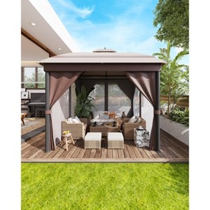 Brown 10'x10' Outdoor Gazebo ¨C Double Roof with Reinforcing Bars & Netting for Backyard/Patio (1-Pack) - 1 of 4