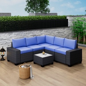 6-Piece PE Rattan Patio Sectional Set – Modular Outdoor Sofa, Coffee Table & Thick Cushions, Weatherproof for Poolside, Backyard - 1 of 4