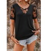Amaryllis Women’s Mesh Floral Sleeve V-Neck Top Sheer Puff Short Sleeve Embroidered Detail- X Large ,Black - 4 of 4