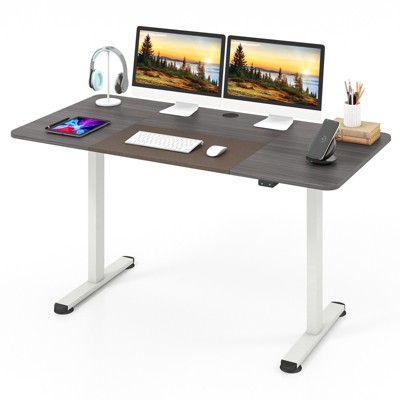 Tangkula Height Adjustable Electric Standing Desk 55” x 28” Sit to Stand Electric Desk w/ Metal Frame & Powerful Motor Natural / Rustic Brown / Gray / Oak / Gray + Black