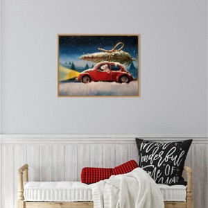 24" x 18" Mouse with Christmas Tree Framed Wall Canvas - Amanti Art: Holiday Decor, Animal Lithograph - 1 of 4