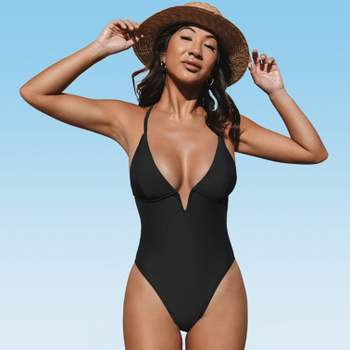 Women's V Neck One Piece Swimsuit Crisscross Mesh Mid Cut Bathing  Suit-cupshe-black Floral-m : Target