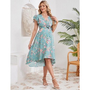 Coolmee Women's Maternity V Neck Ruffle Short Sleeve Wrap Dress Casual Flowy Nursing Breastfeeding Midi Dress with Belted - 1 of 4