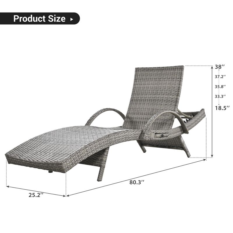 80.3'' Outdoor Wicker Chaise Lounge Set of 2, Patio Reclining Chair with Pull-out Side Table and Adjustable Backrest 4A - ModernLuxe, 3 of 13