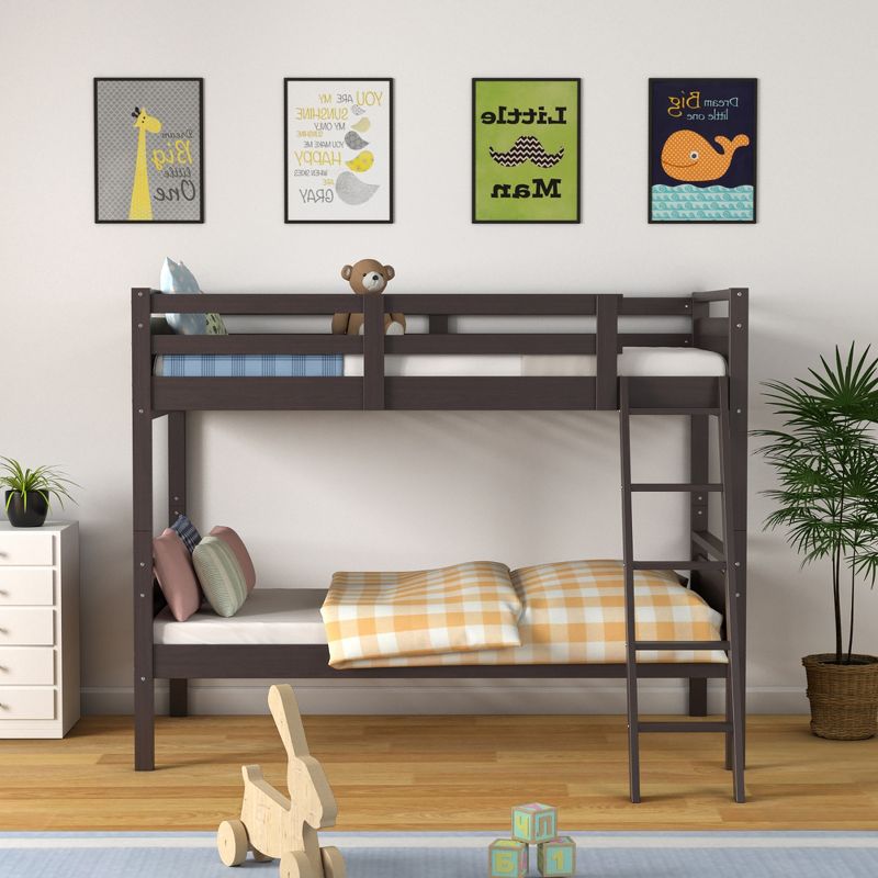 Costway Twin Over Twin Bunk Bed Convertible 2 Individual Beds Wooden White\Espresso\Navy, 2 of 11