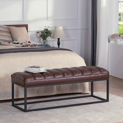 Grungis Rectangle PU Ottoman Bench,Metal Base Upholstered Bench for Living Room & Bedroom