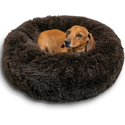 Original Calming Donut Dog and Cat Bed, Shag Faux Fur, Taupe, (30in x 30in) - Anxiety Relief for Pets Up to 45 lbs