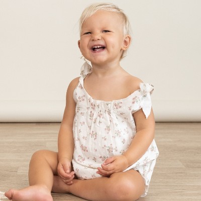 Organic Tie Shoulder Bubble Romper - English Roses