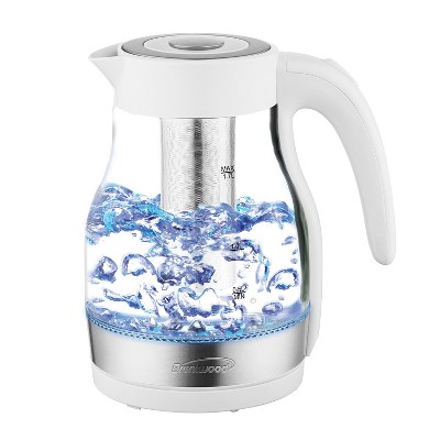 Brentwood KT-1962W 1.7 Liter Cordless Automatic Electric Glass Tea Kettle Pot with Stainless Steel Tea Infuser, White/Silver