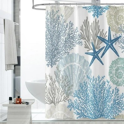 LunaLulinlk Blue White Bathroom Curtain with 12 Hooks, 72" x 72"