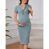 Short Sleeve Maternity Dress Rib Knit Photoshoot Baby Shower Dresses Slit Pregnancy Clothes - 3 of 4
