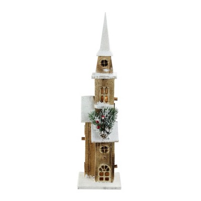 Northlight 20.75" LED Lighted Brown Wooden Snowy Church Christmas Decoration