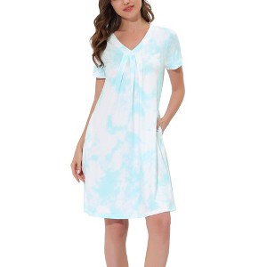 cheibear Women's Soft V-Neck Summer Pajama Lounge Dress with Pockets Nightgowns - 1 of 4