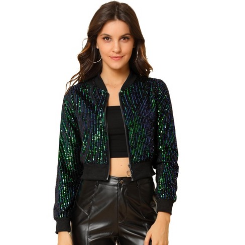 Allegra K Women's Sequin Jacket Long Sleeve Zipper Ombre Sparkle Bomber  Jackets Green Blue Large