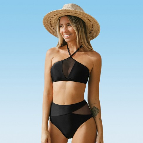 Women's Lycra Black Sporty High Neck Mid Rise Bikini Set Swimsuit - Cupshe- xl-black : Target