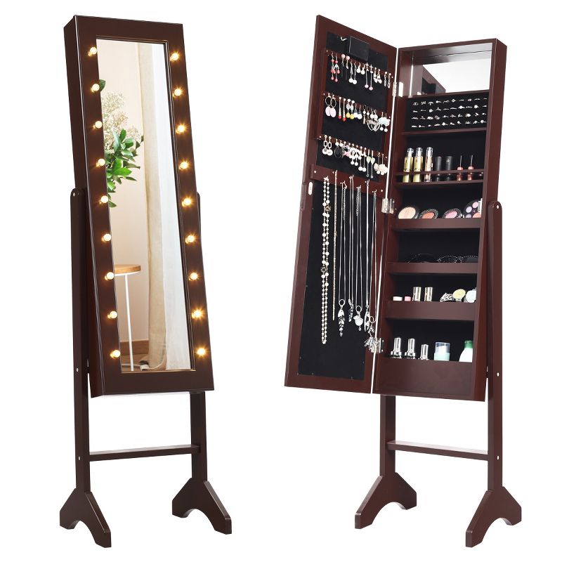 Costway Mirrored Jewelry Cabinet Organizer 18 LED lights White Brown Black, 1 of 11