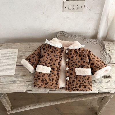 MyKids-Usa Baby Girl Jacquard Lapel Combo Two Pockets Thickened Long Sleeves Cardigan Coat In Winter