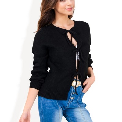 Anna-Kaci Women's Tie Front Knit Cardigan with Long Sleeves and Open Front Design