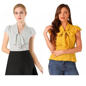 INSPIRE CHIC Women's Polka Dots Tie V Neck Flutter Cap Sleeve Blouse 2 Packs - 1 of 4