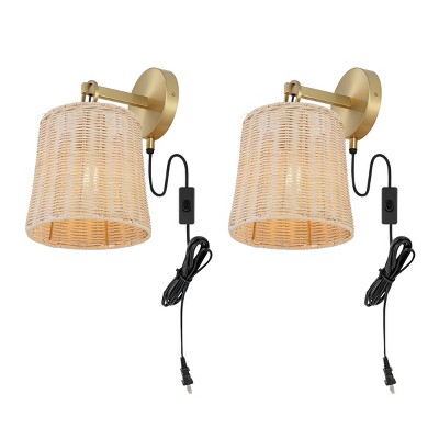 Elegant Brass and Rattan 10" Plug-In Wall Sconce Set