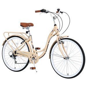 INFURNIC Bicycles 7 Speed Ladies Bike with Steel Frame and V Brakes for Commuter and Leisure Riding, Beige, 62.2"*23.62"*40.16" - 1 of 4