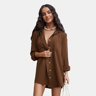 Women's Timeless Brown Collared Long Sleeve Button-Up Shirt - Cupshe