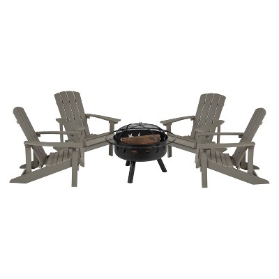 Merrick Lane Ayala 5 Piece Outdoor Leisure Set with Set of 4 Poly Resin Adirondack Chairs and Star and Moon Iron Fire Pit