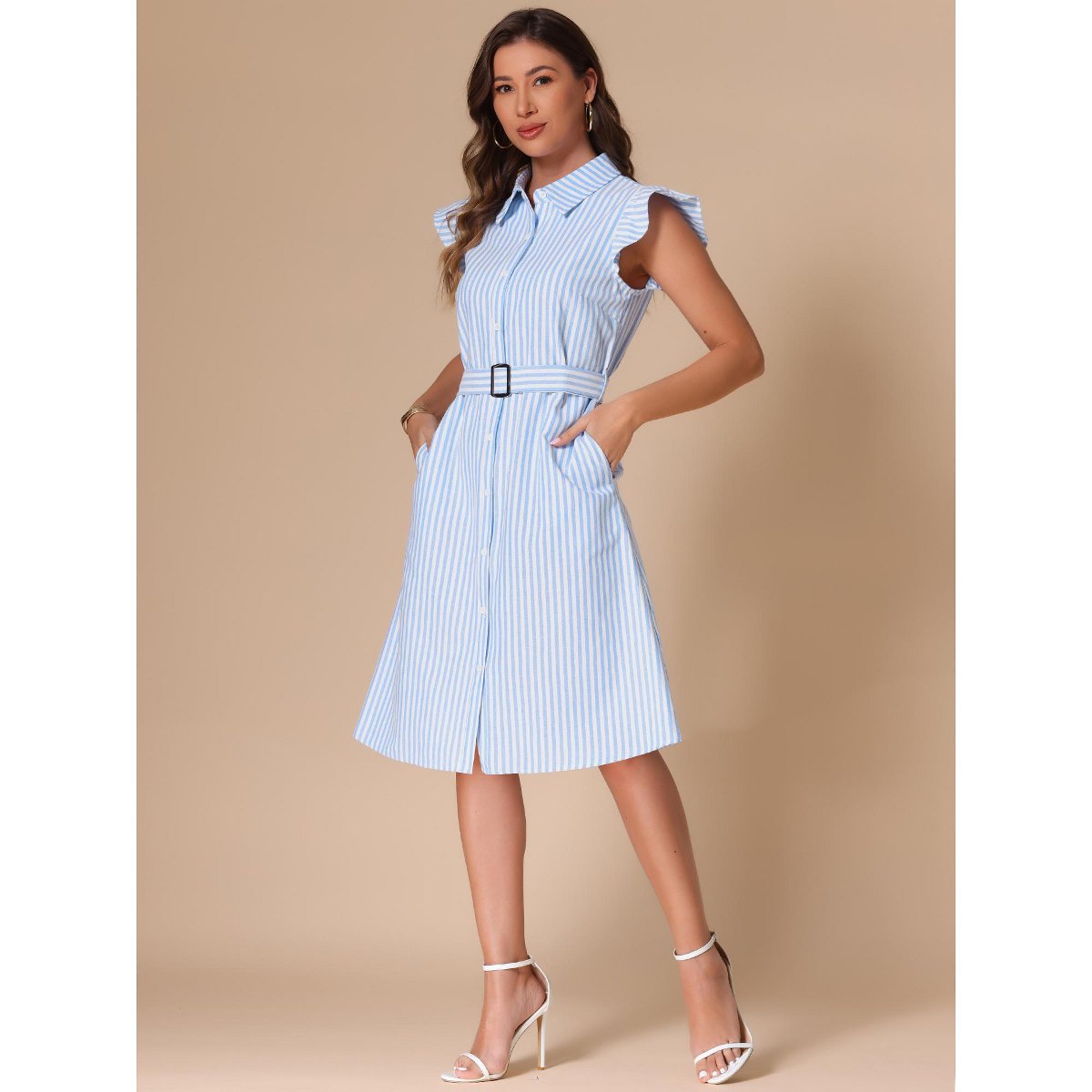 Женские платья INSPIRE CHIC Women's Collared Flutter Sleeve Button Down Shirt Dress Blue Medium 2 Packs Blue Large — фото 4