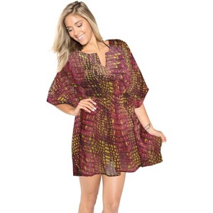 HAPPY BAY Women's Loose Beach Dress Cover Up Summer Vacation Mini Beachwear Bathing Suit Tunics Vacation Small-Medium Pink Abstract - 1 of 3