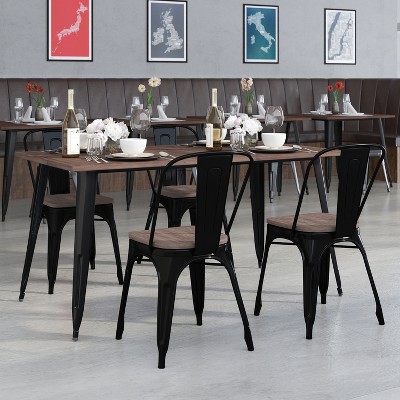 Emma and Oliver 30.25" x 60" Metal/Wood Table Set - 4 Stack Chairs