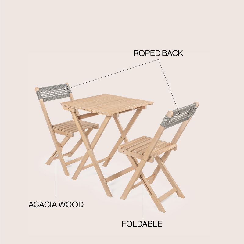 Sitges Modern Mid-Century 3-Piece Roped Acacia Wood Outdoor Folding Bistro Set, 5 of 12