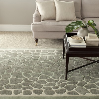 Hand-Knotted Geometric Grassland Green Wool Area Rug, 5' x 8'