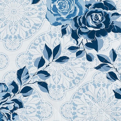 Queen Blue Floral Medallion Ruffled Polyester Bedspread