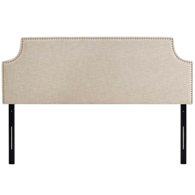 Beige Queen Upholstered Fabric Headboard with Silver Nail Trim
