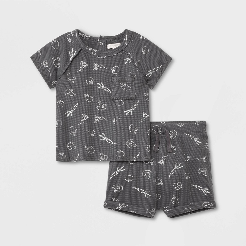 (( Size NB)) NG Grayson Collective Baby Veggies Thermal Top & Shorts Set - Gray Newborn