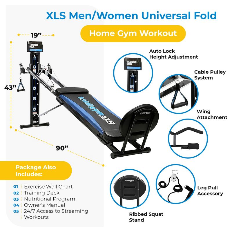 Total Gym XLS Men's and Women's Universal Total Body Home Gym Workout Machine with Ab Crunch Bench, Wing Attachment, Exercise Chart, and Training Deck, 3 of 7