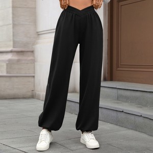 Womens Pants Elastic V Waist Pocket Jogger Loose Fit Casual Pants - 1 of 4