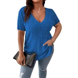Women's Plus Size V Neck Tops  Casual Color Shirts Lightweight Short Sleeve Blouses - 1 of 3