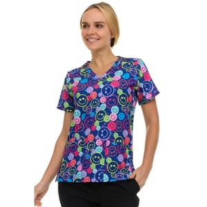 Medichic Scrubs Printed V-Neck Scrub Top - Four Pocket Fashion Scrub Top for Women, Be Happy Smiles, X Small - 1 of 4