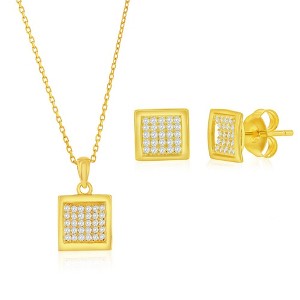 Bella Silver Sterling Silver, Square Pave CZ Necklace & Earrings Set - Gold Plated - Gold - 16+2 Inch - 1 of 4