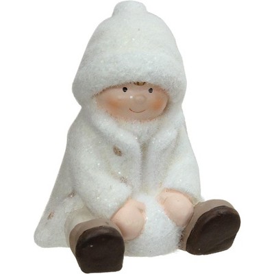 Northlight 4.75" Creamy White Sitting Boy with Snowball Christmas Table Top Figure