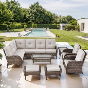 POCASSY 8 Piece Patio Sectional Furniture Set with Swivel Chair, Brown Wicker L-Shape Sectional Corner Sofa Set with Deep Seat High Back Thick Cushion - 1 of 4