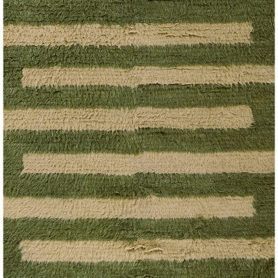 Green and Beige Handwoven Wool Geometric Rug, 5 ft x 8 ft