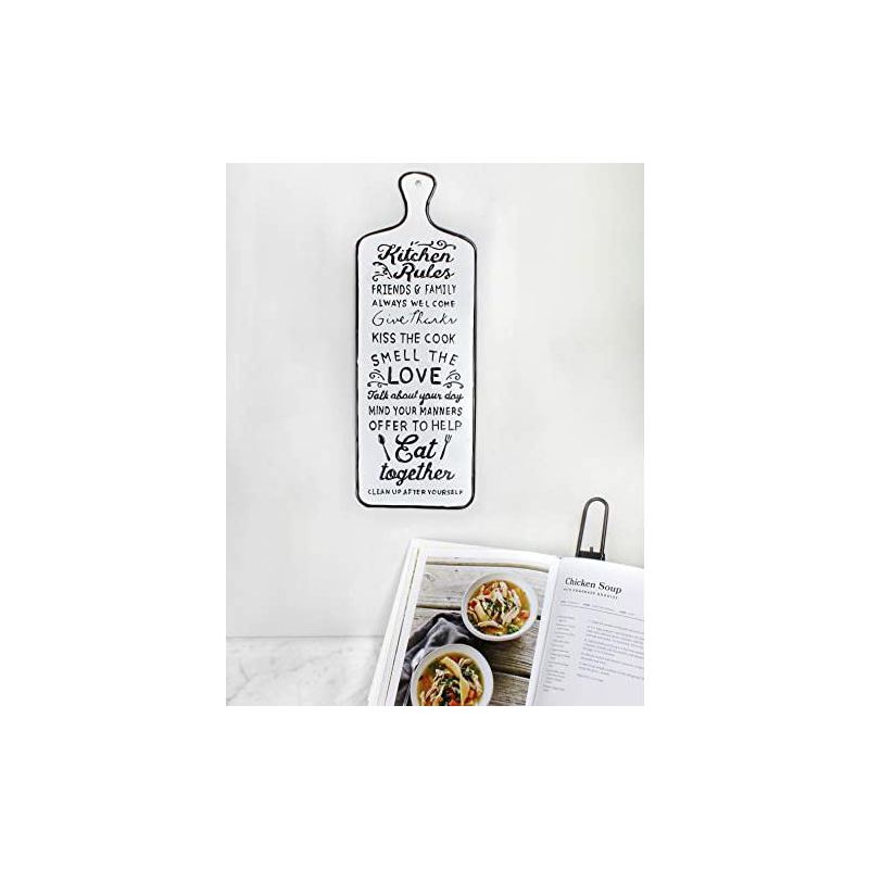 AuldHome Design White Kitchen Rules Rustic Metal Sign; Farmhouse Enamelware Cutting Board Shaped Plaque, 4 of 9