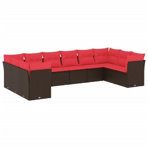 vidaXL 10 Piece Patio Sofa Set with Cushions Brown Poly Rattan - Brown and Red Without Table - 1 of 4
