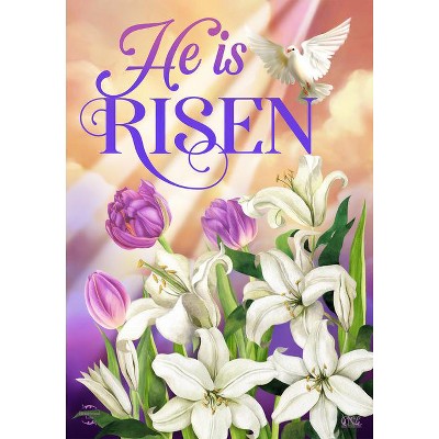 He Is Risen Easter Garden Flag with Lilies and Dove