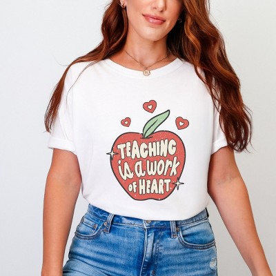 Simply Sage Market Teaching Is A Work Of Heart Apple Garment Dyed Tee - L - White