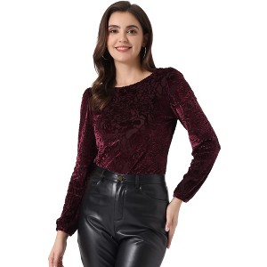 Allegra K Women's Polka Dots Burn-Out Long Sleeve Velvet Top - 1 of 4