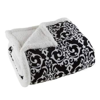 Hastings Home Fleece Faux Shearling Blanket Throw With Classic Damask Pattern - 50" x 60", Black/White