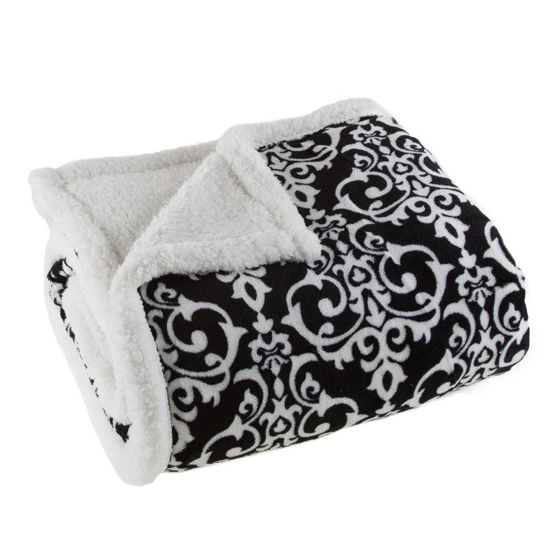 Hastings Home Fleece Faux Shearling Blanket Throw With Classic Damask Pattern - 50" x 60", Black/White, 1 of 6